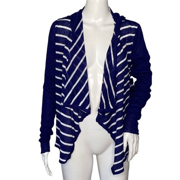 Chaser Sweater Women‎ Medium Open Cardigan Blue White Striped Hood Waterfall Hem - Picture 1 of 5